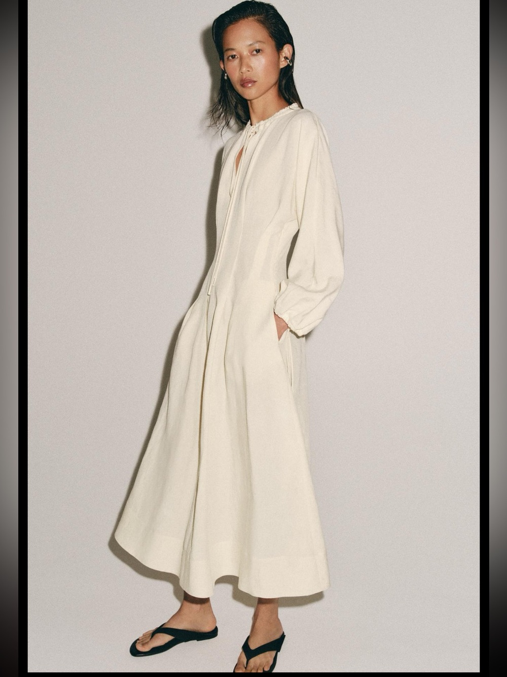 Zara Cream Long Sleeve Midi Dress with Drawstring